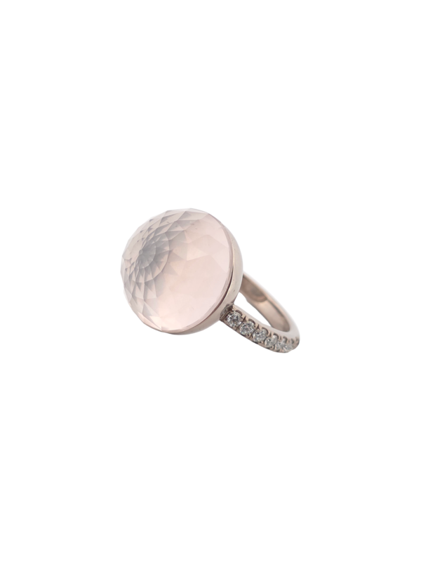 Bague Asteria Or Blanc 18K Quartz Rose Pavée de 14 diamant Diamant de 2.0 mm pour env. 0.42ct