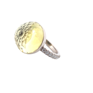 Bague Asteria Or Blanc 18K Lemon Quartz Pavée de 14 diamant Diamant de 2.0 mm pour env. 0.42ct