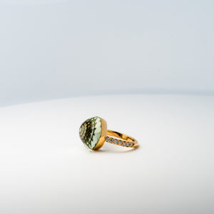 Bague Asteria Or Jaune 18K Prasiolite Pavée de 14 diamant Diamant de 2.0 mm pour env. 0.42ct